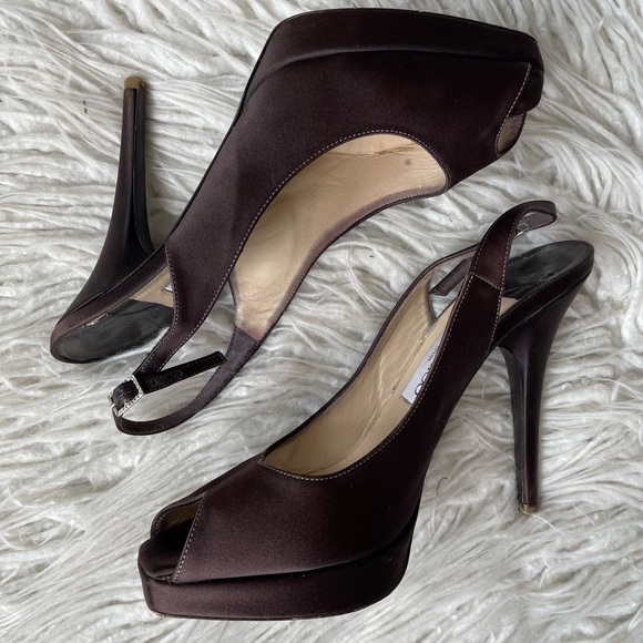 Jimmy Choo Brown Satin 010 Clue Peep Toe Square Platform Slingback Pumps Sz 37.5 - Picture 2 of 9